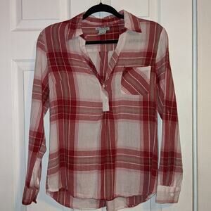 Charlotte Russe Red White Grey Plaid Long Sleeve Quarter Button Up Top M